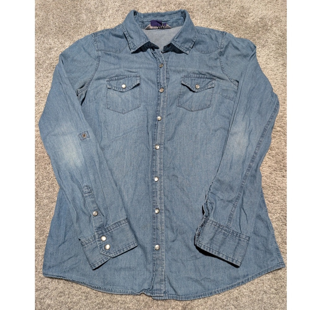 Miley Cyrus Max Azria Shirt Women M Blue Denim Western Chambray Snap Roll Tab